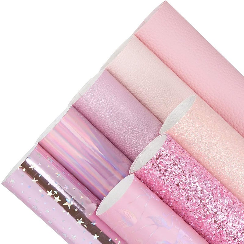 Litchi 8 Pieces 8x12 Inch Pink Series Faux Leather Sheets Including 7 Kinds Leather Sheets for Leather Bows and Earrings Making - Image 1